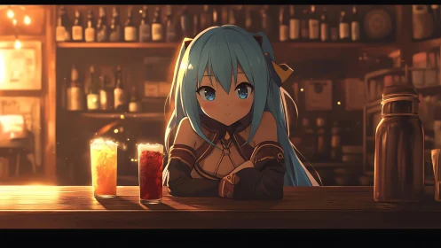 Starlit bar counter cradles a blue haired girl’s quiet dare