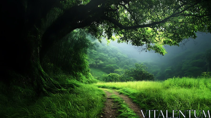 Misty Valley Path Beneath Ancient Tree Canopy.