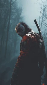 Masked figure with axe in misty forest environment at dusk.