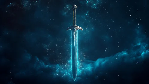 Starlit enchanted sword glows softly in a cosmic sky
