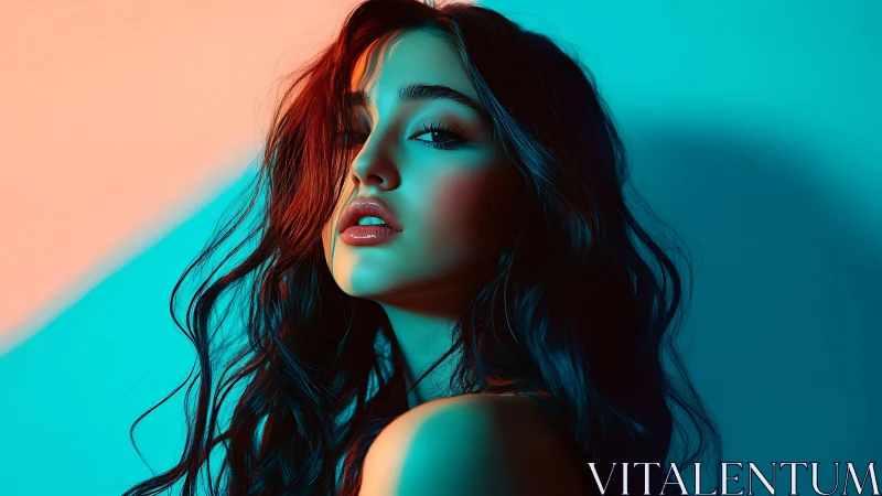 Neon portrait highlights glossy lips and teal rim light.