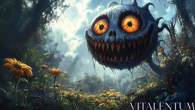 Menacing floating creature above dense wildflower forest.