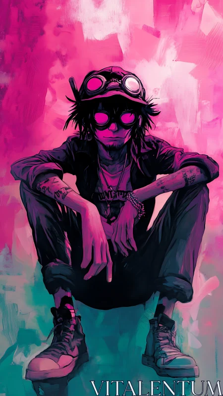 Neon-lit street punk portrait in cyan magenta duotone glow