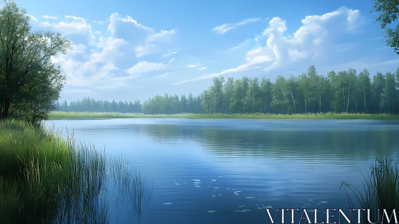 Whispering lakeshore morning under a sky of drifting clouds.