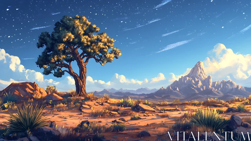 Lone desert tree under wide starry sky and distant mountains.