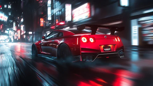 Aerodynamic red sports car accelerates through neon wet city street