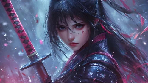 Stormlit warrior maiden locks blades with crimson dusk.