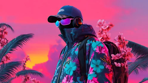 Masked figure in floral jacket stands before neon sunset sky