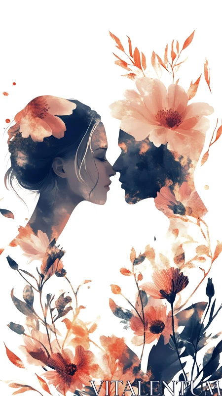 Two Silhouettes Merge with Floral Essence and Warm Luminescence.