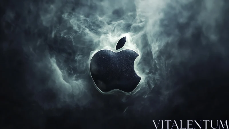 Metallic apple logo emerging from swirling smoke field.