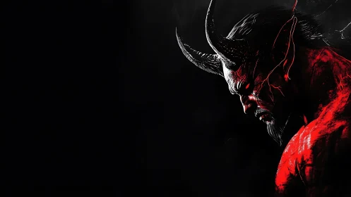 Demonic red-horned figure rendered in high-contrast digital chiaroscuro