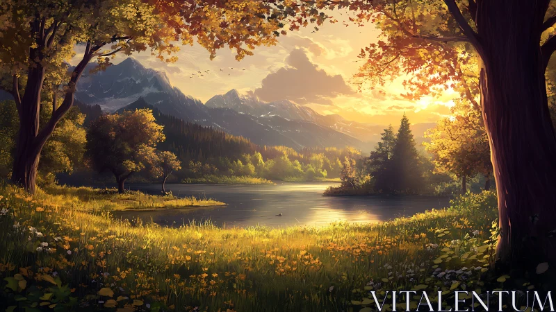 Mountain lake landscape under low sun with forested shore.