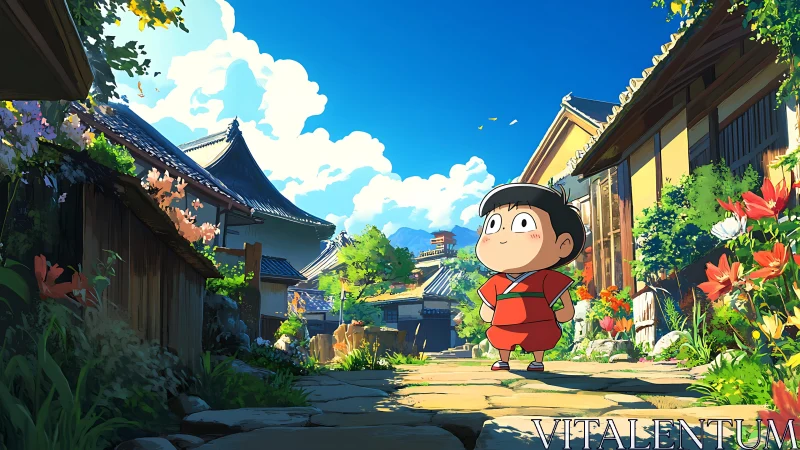Sunny village street frames a cheerful anime child explorer.