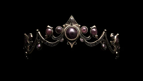 Ornate gold tiara displays polished purple cabochon gems