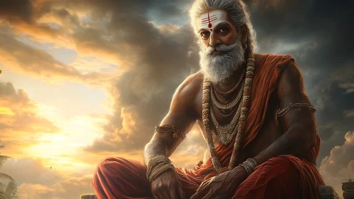 Elderly Hindu sage in saffron robes under dramatic sunset sky