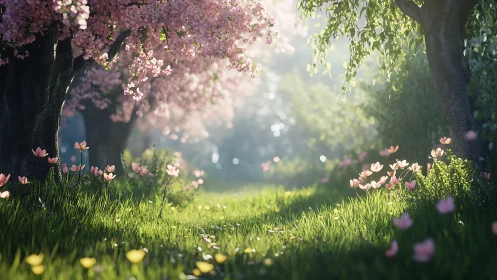 Sunlit cherry trees whisper softly over a dreaming meadow