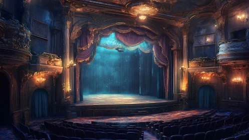 Ornate empty theater interior with illuminated main stage.