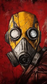 Bold yellow gas mask portrait against gritty red backdrop.