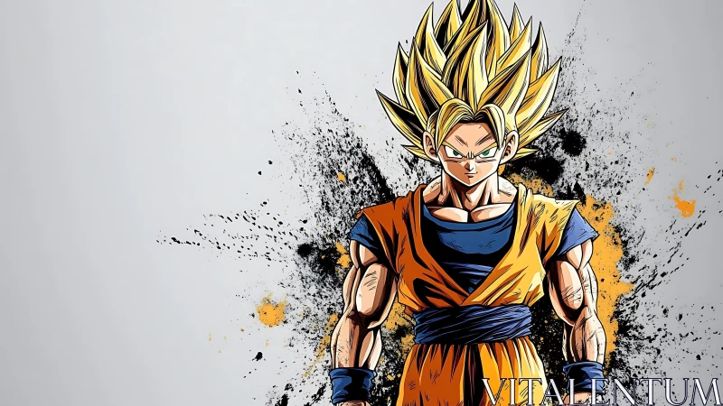 Supercharged warrior ignites amid splattered cosmic energy.