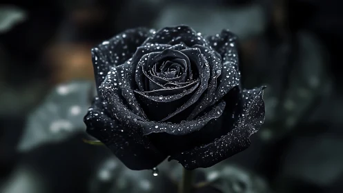 Velvet black rose glistens with dewdrops in moody twilight