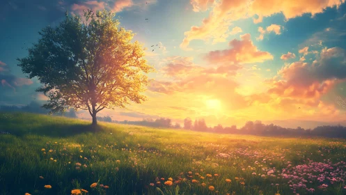 Radiant sunset tree over wildflower meadow horizon.