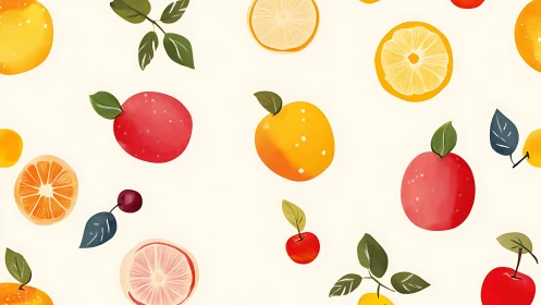 Colorful fruit pattern with apples, citrus slices, and leaves.
