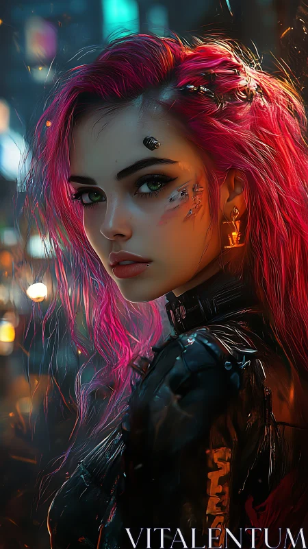 Neon-haired cyber renegade glowing in rain-slicked alleyways.