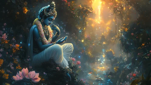 Blue-skinned figure rests in glowing, flower-filled forest.