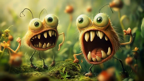 Furry wide eyed cartoon creatures in lush garden scene.