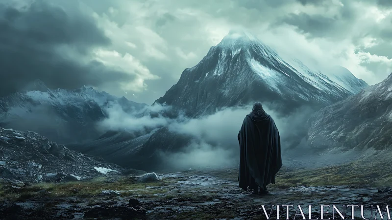Solitary cloaked figure confronts towering icy mountain peak