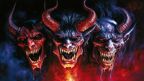 Triple-horned demon visages emerging from infernal smoke.