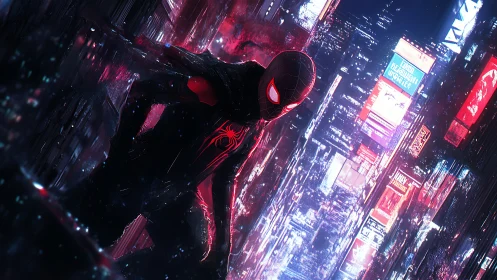 Midnight mask glows as neon skyscrapers tilt around vigilante