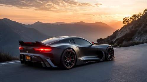 Sleek supercar overlooks hazy mountains at vivid sunset.