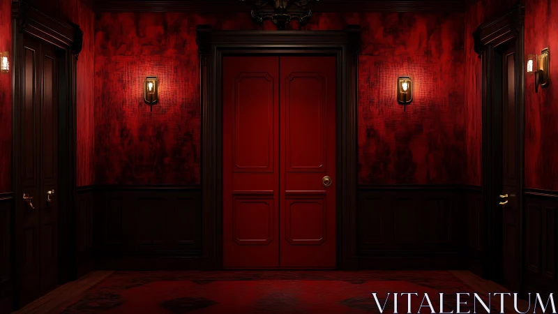 Red interior corridor shows central door with dark wall paneling