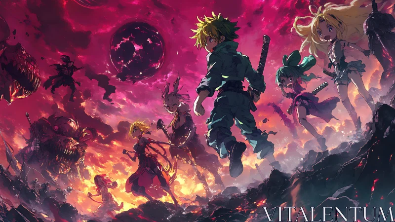 Anime-style group in volcanic landscape under red sky.