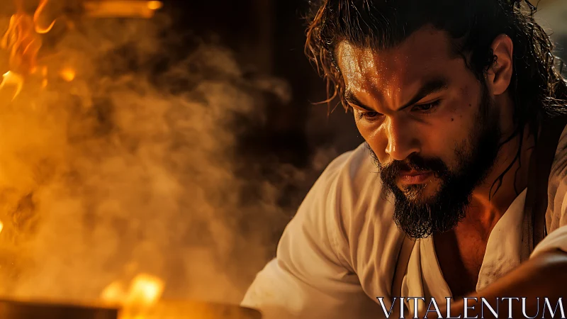Bearded cook at stove amid rising steam and warm light.