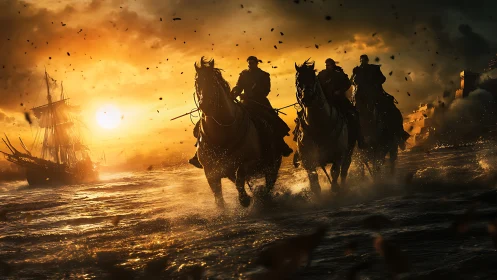 Riders traverse shallow coastal water near burning ships at dusk