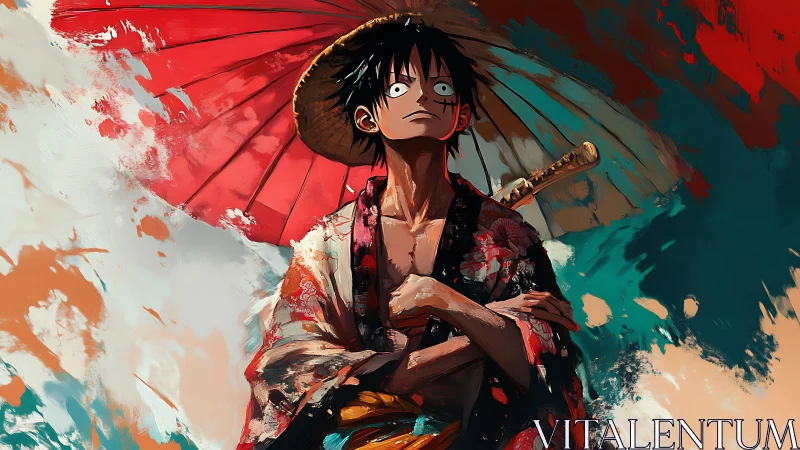 Samurai-inspired anime warrior stands beneath vivid red parasol