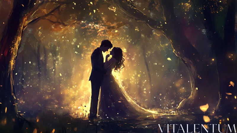 Silhouetted couple in luminescent forest setting.