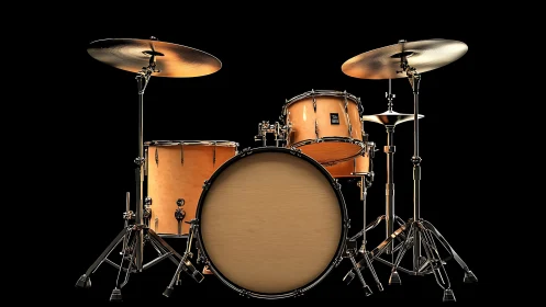 Classic wooden drum kit stands under dramatic studio lighting.