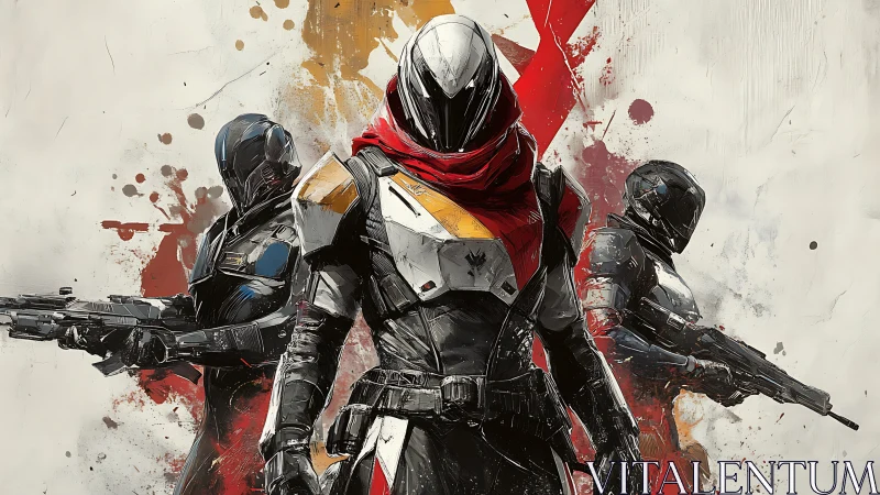 Armored sci fi squad in dynamic splatter painted formation.