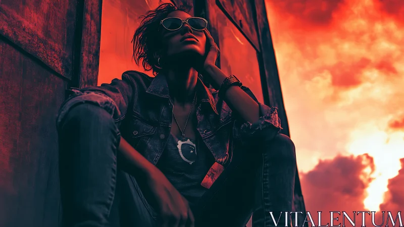 Silhouetted person in denim sits by metal panels at sunset