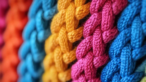 Macro braids in vivid multicolored yarn strands closeup.