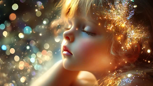 Sleeping starlight drapes a child in softly swirling dreams