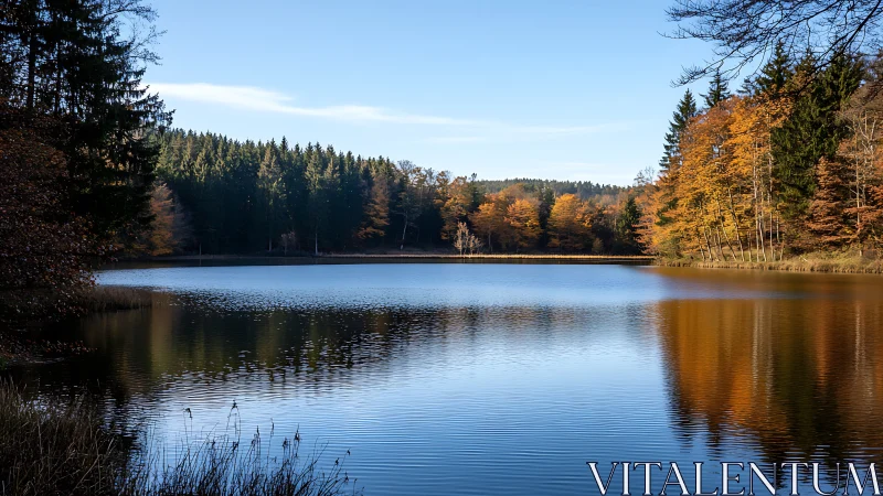 Calm forest lake mirroring vivid autumn woodland colors.