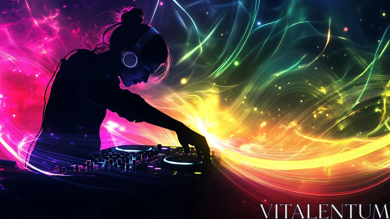 DJ silhouette mixing tracks amid vivid neon light trails