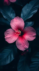 Pink Hibiscus Blooming in Teal Shadows.