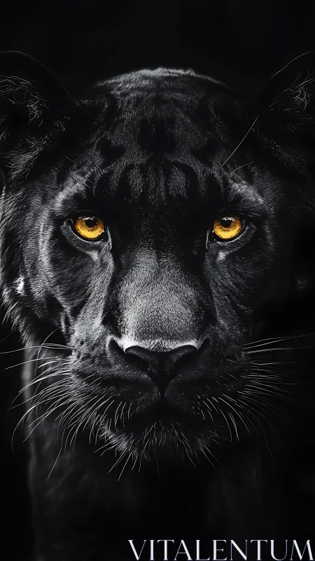 Black Panther Portrait with Golden Eyes Against Dark Background