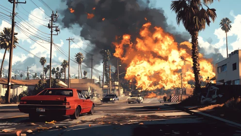 Urban street scene with large explosion event in background.