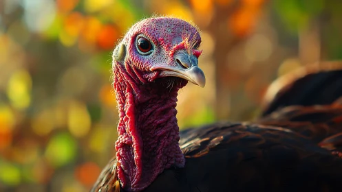 Crimson Wild Turkey Portrait in Dappled Autumn Glow.